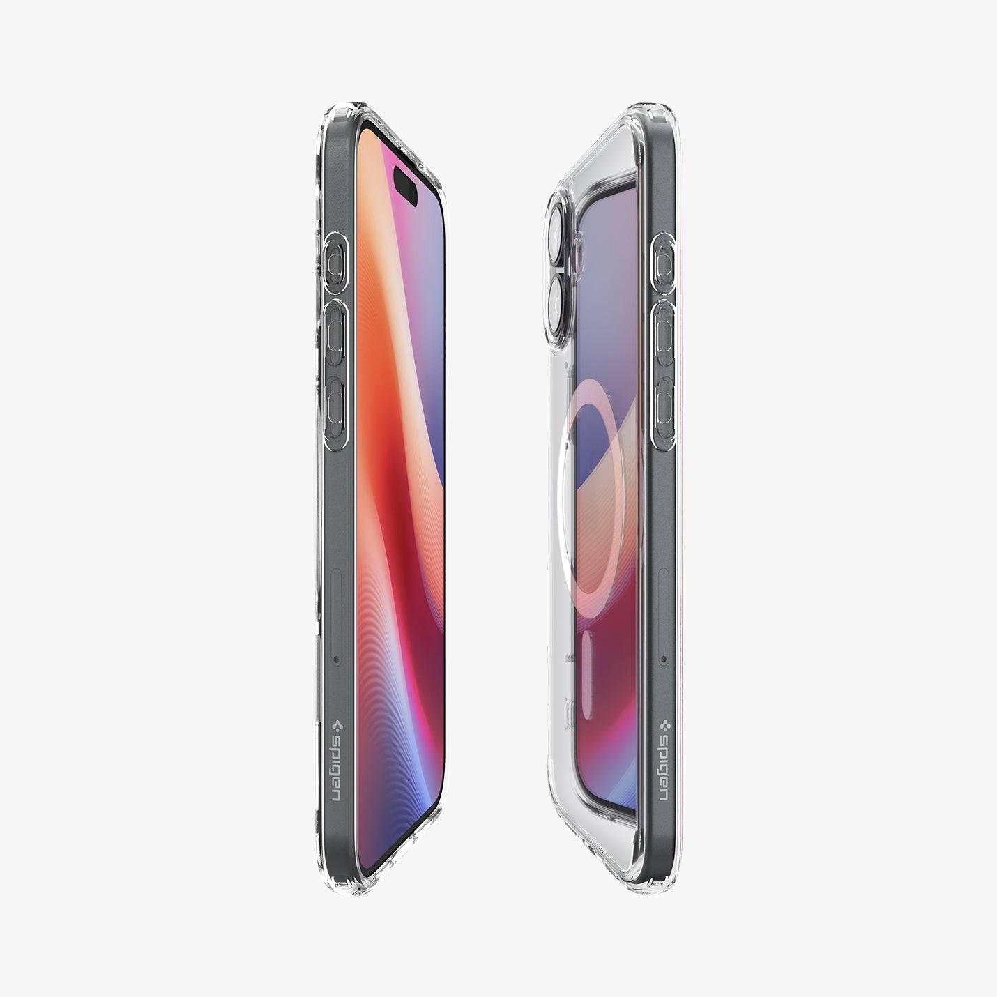 Due custodie trasparenti per telefono con anelli MagSafe su sfondo bianco, vista laterale.