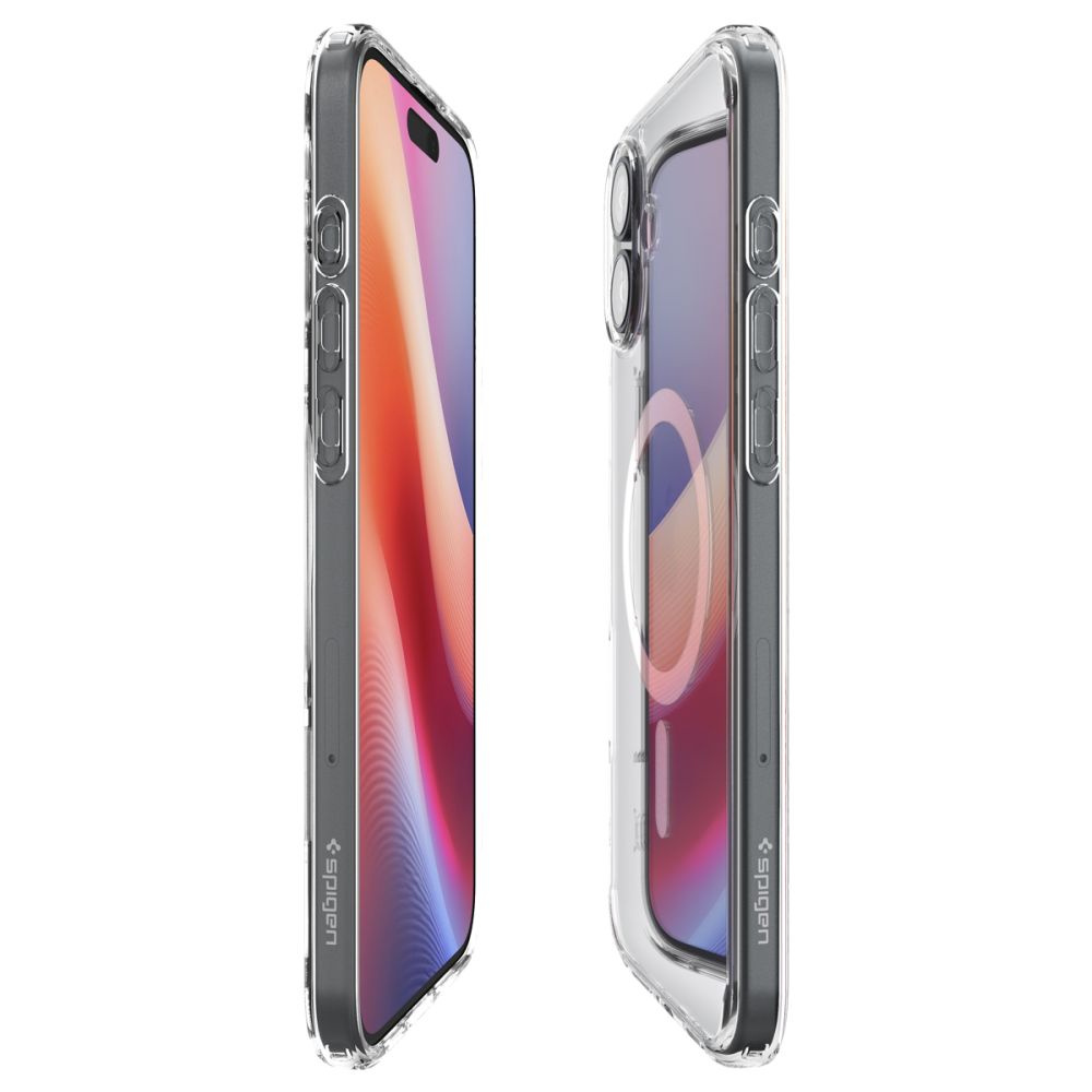 Due custodie trasparenti per telefono con anelli MagSafe su sfondo bianco, vista laterale angolata.