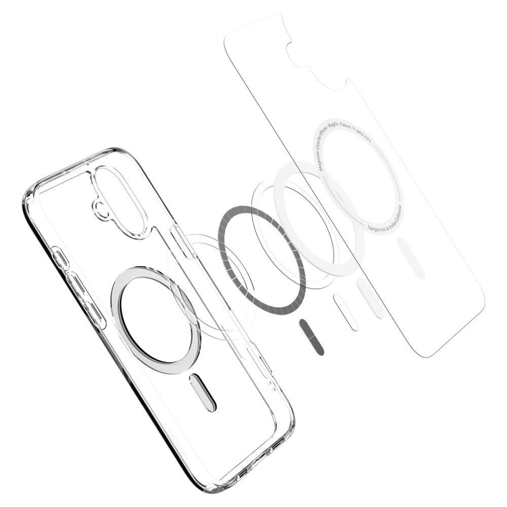 Parti della custodia trasparente del telefono con anello MagSafe su sfondo bianco, vista esplosa.