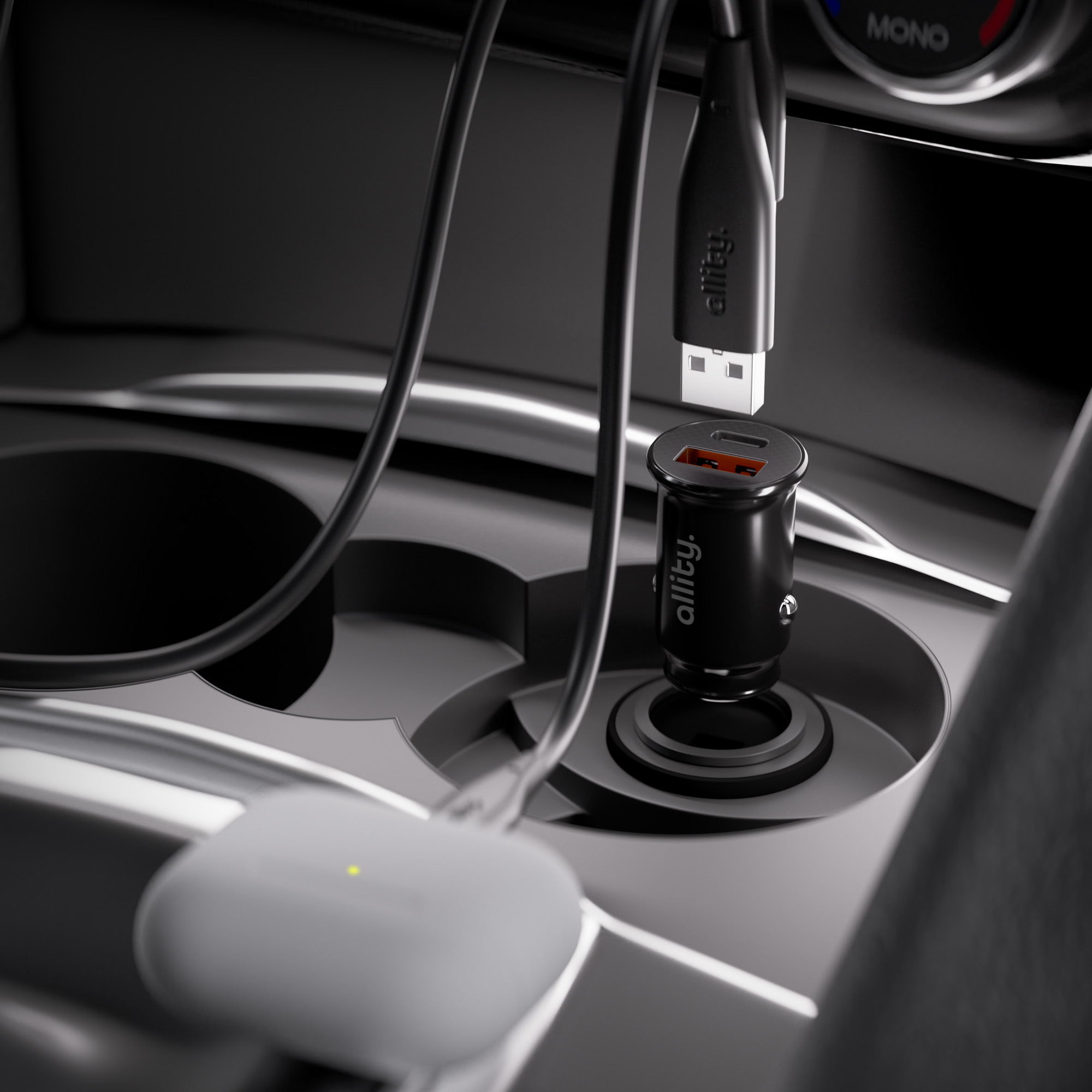 Ładowarka samochodowa podłączona do konsoli samochodu, z kablem i białą podkładką ładującą. Widoczne logo allity.