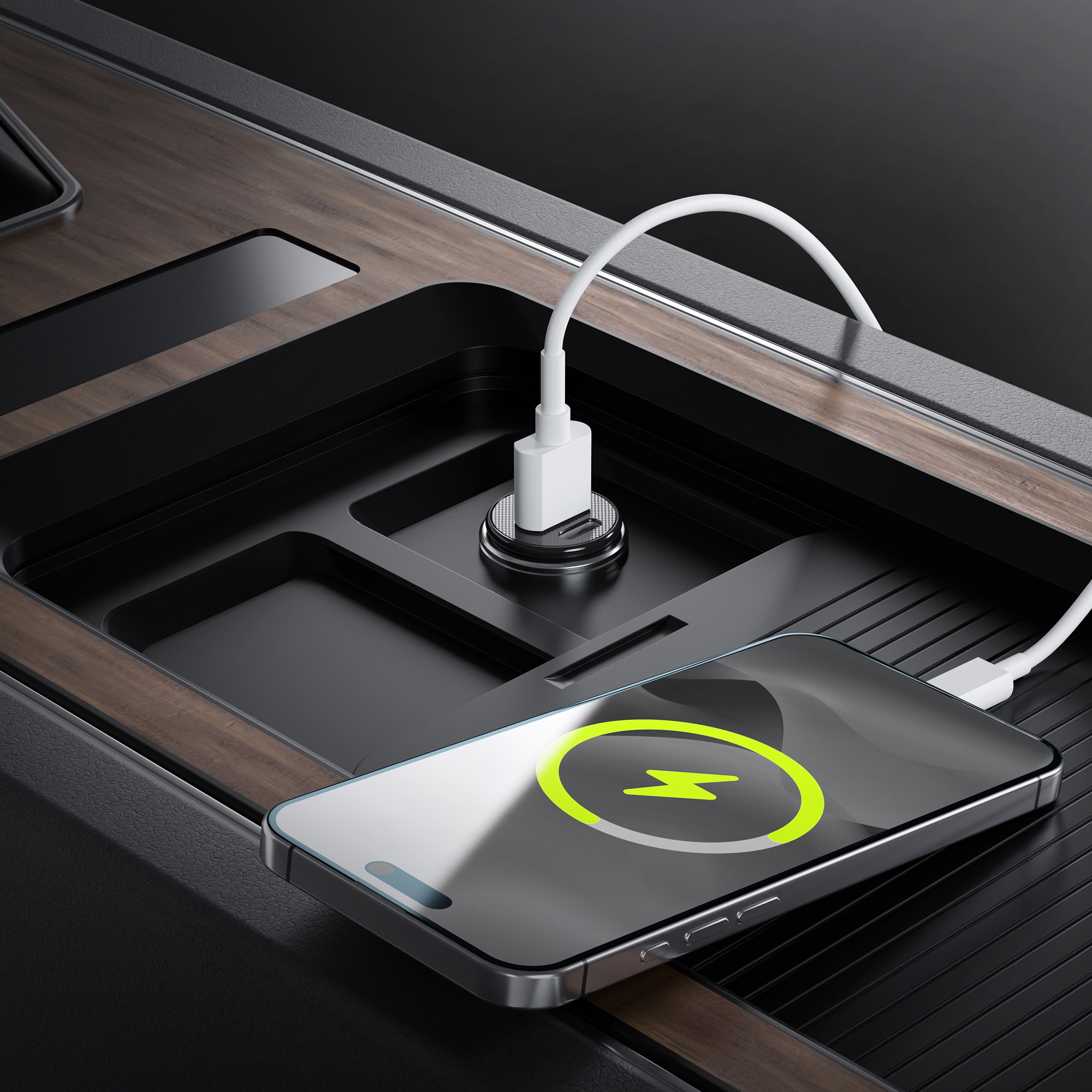 Czarny futerał na telefon pod kątem, pokazujący obiektywy aparatu i magnetyczny pierścień mocujący na białym tle.