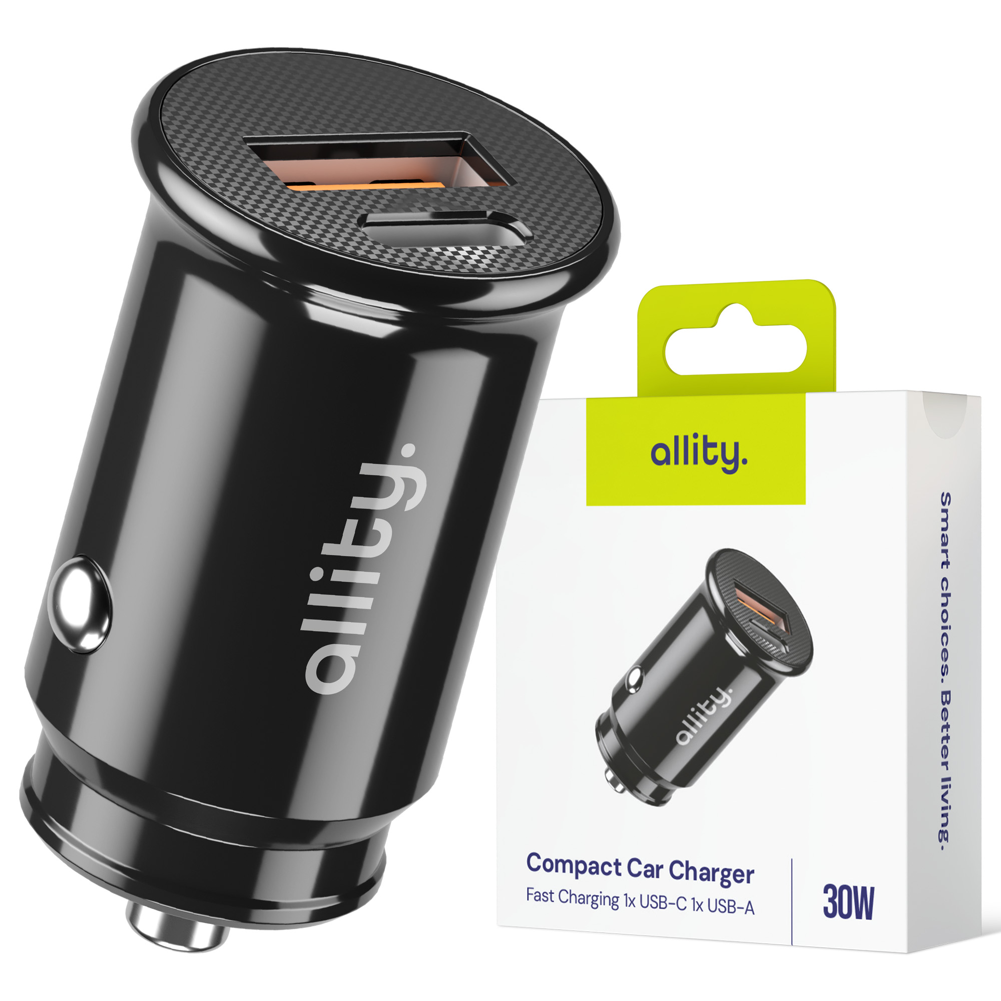 Czarna ładowarka samochodowa z logo allity. i pudełkiem z podobną ładowarką. Na pudełku napis „Compact Car Charger”.
