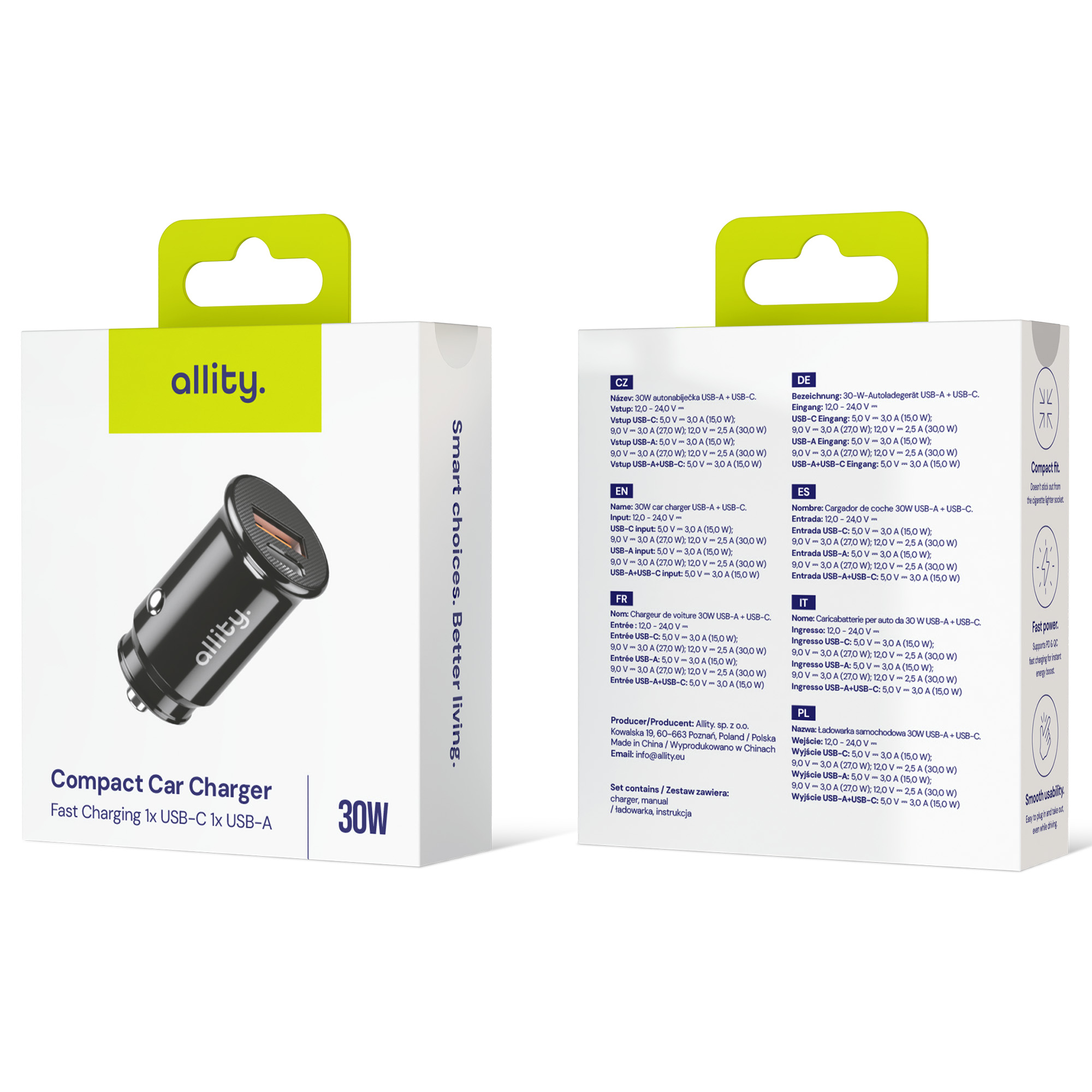 Opakowanie kompaktowej ładowarki samochodowej z logo 'allity' i szczegółami produktu na białym tle.