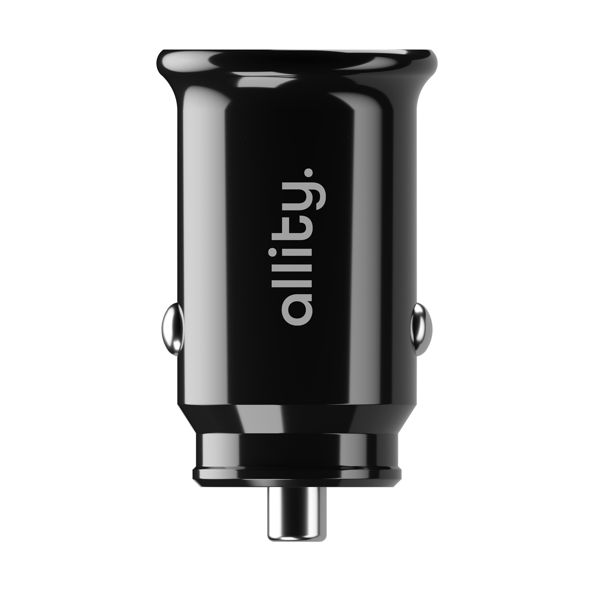 Błyszcząca czarna ładowarka samochodowa z logo 'allity', odizolowana na białym tle.