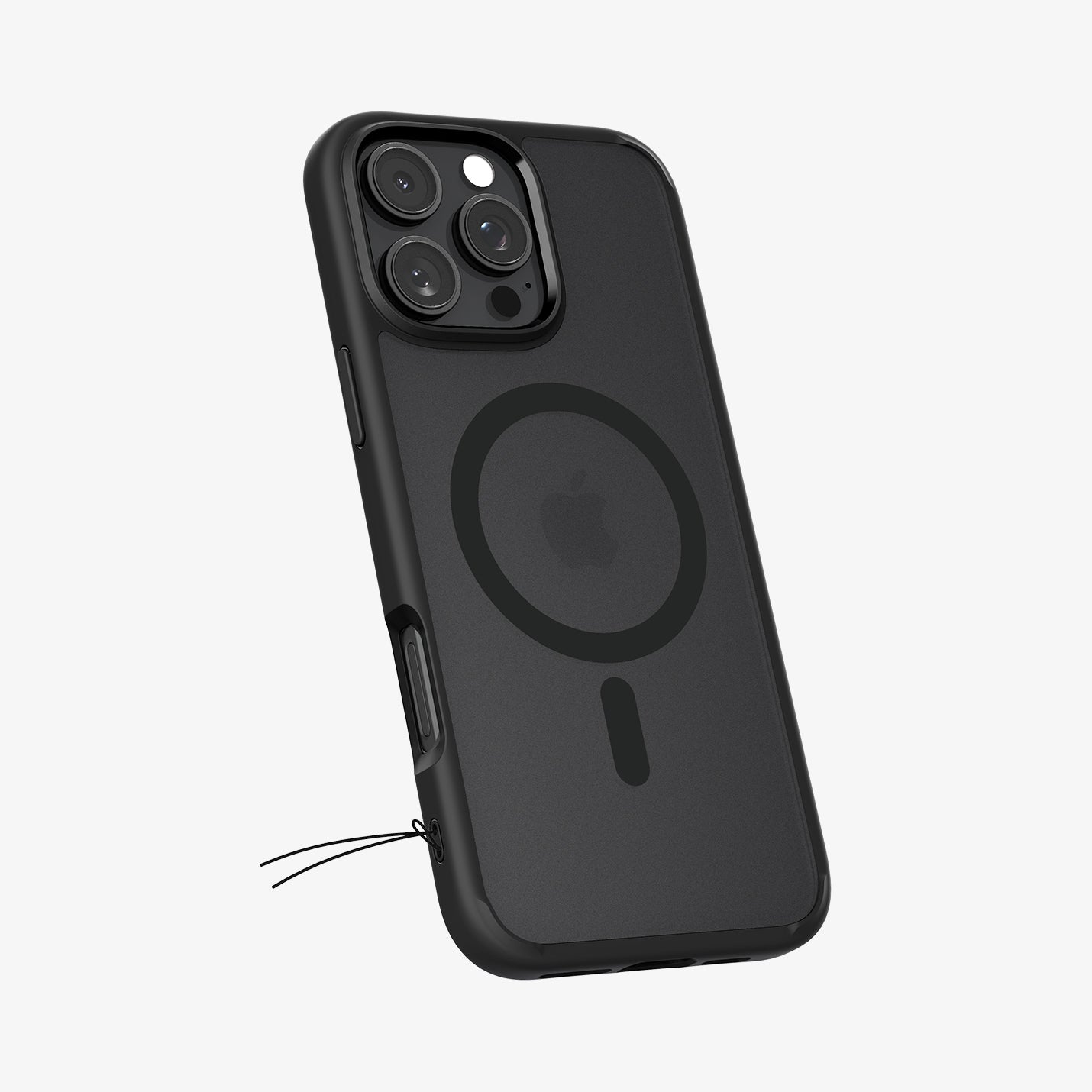 Ciemne etui na telefon pod kątem, prezentujące obiektywy aparatu i magnetyczny pierścień mocujący.