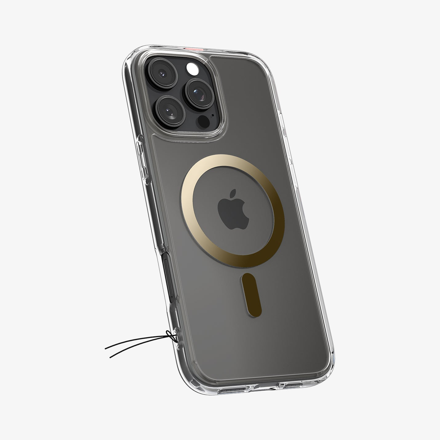 iPhone w przezroczystym etui ze złotym pierścieniem magnetycznym z tyłu.