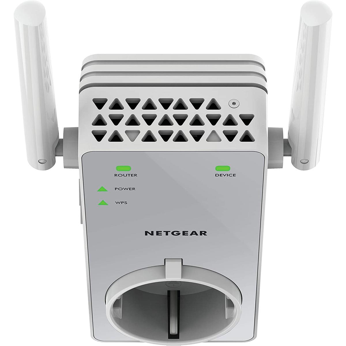 Biało-szary router Netgear. Ma anteny i światła. Widok z góry.