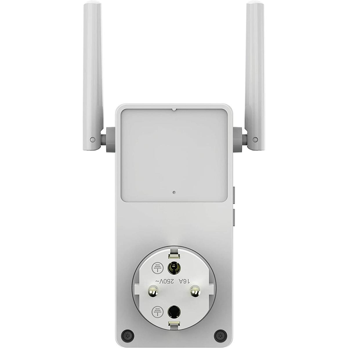 Obraz przedstawia tył białego wzmacniacza WiFi Netgear z dwiema antenami i wbudowanym gniazdkiem elektrycznym.