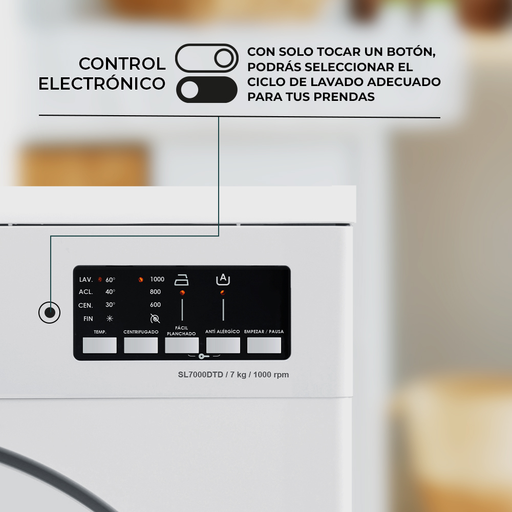 Primer plano del panel de control de una lavadora con botones y texto.