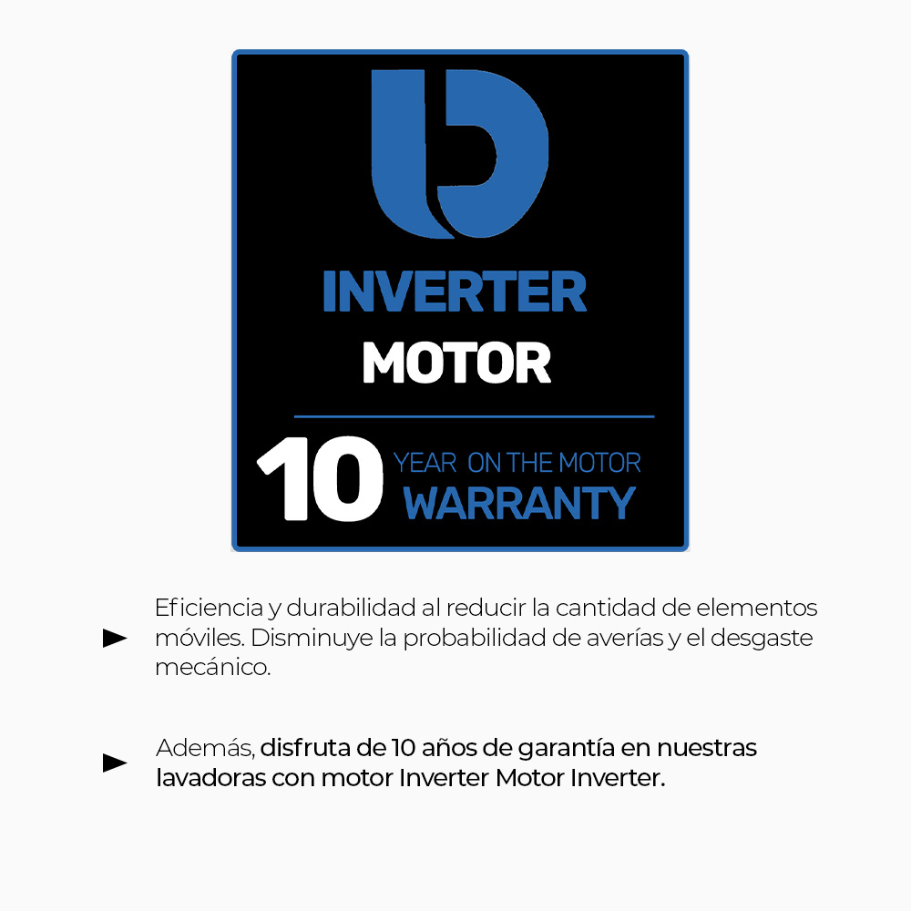 Un cuadrado negro con texto blanco, destacando 10 años de garantía del motor.