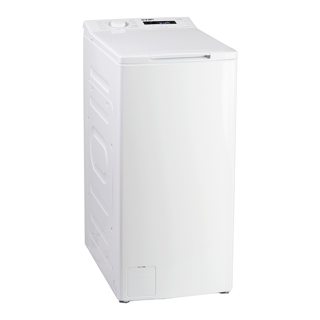 Una lavadora blanca de carga superior con pantalla digital, mandos de control y dispensador de detergente.