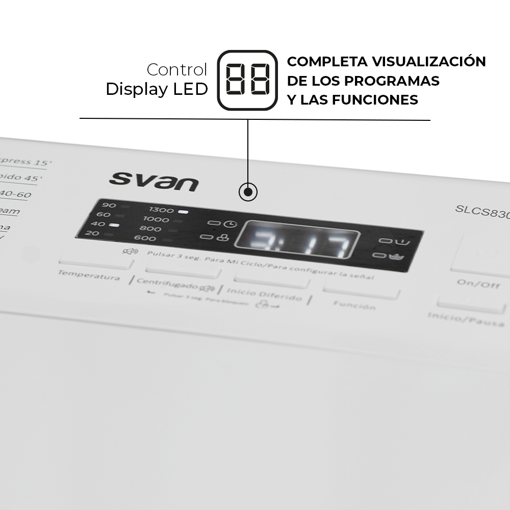 Primer plano del panel de control de una lavadora blanca con pantalla digital y botones.