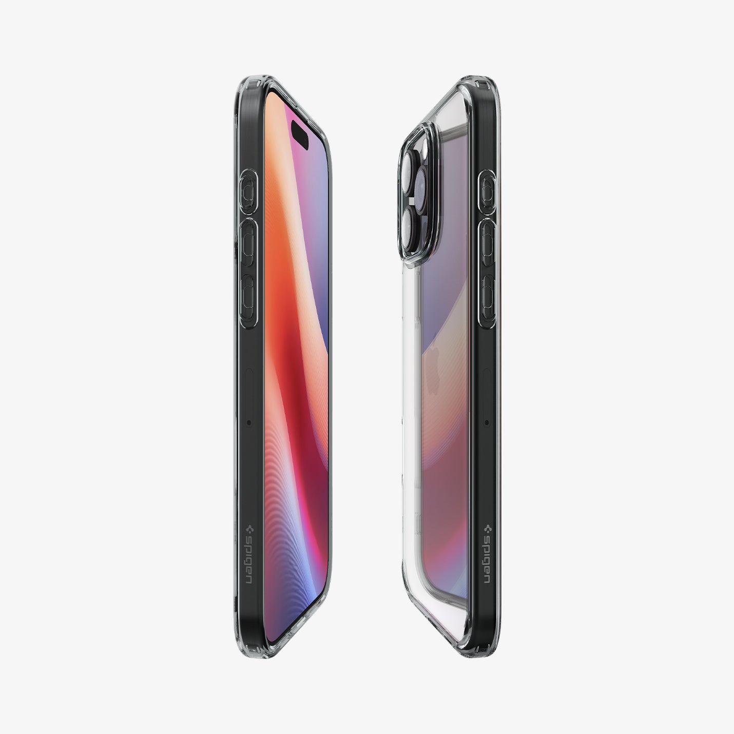 Dwa iPhone'y w przezroczystych etui, pokazujące zarówno ekran, jak i boki aparatu, na białym tle.