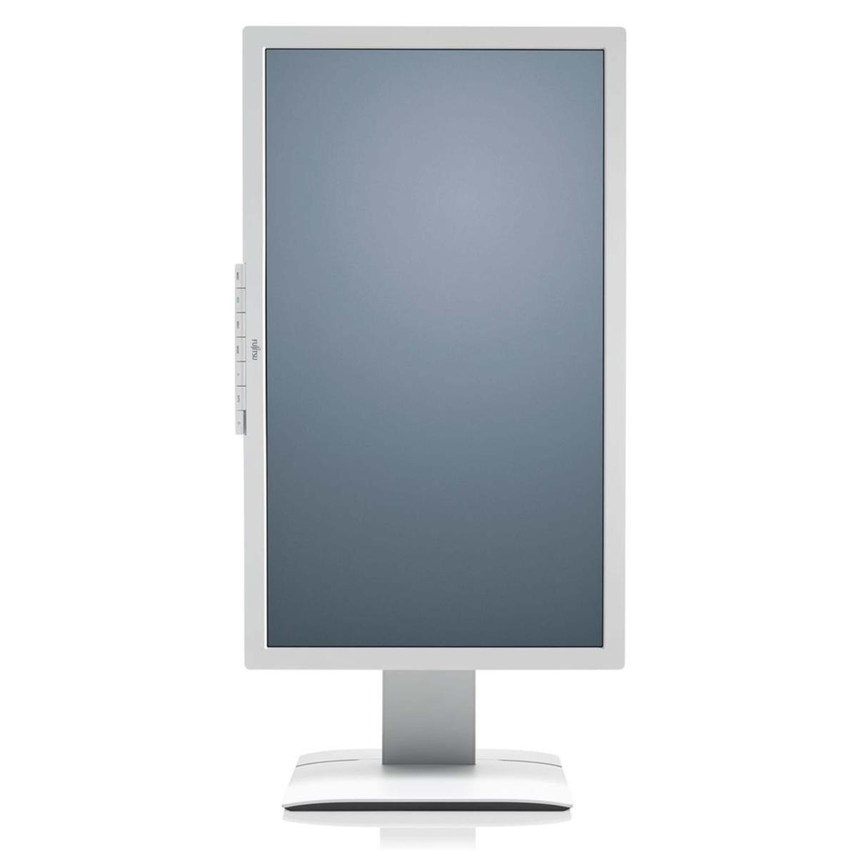 Un monitor di computer bianco con uno schermo grigio, in piedi verticalmente su uno sfondo bianco.