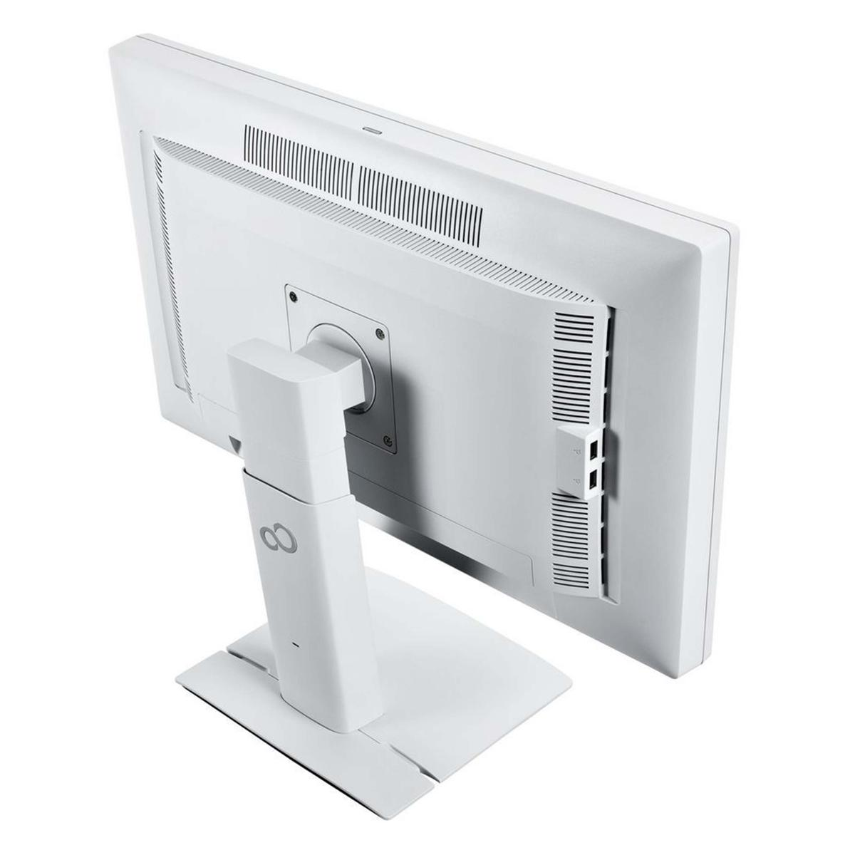 Monitor per computer bianco angolato. Il retro è visibile con prese d'aria e un supporto.