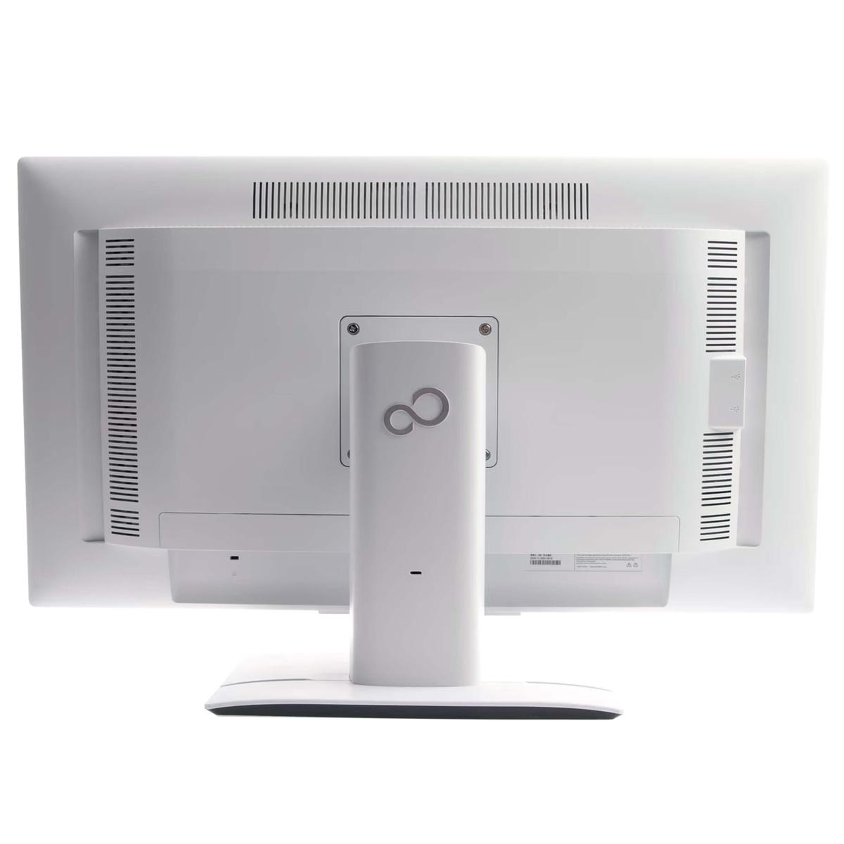 Retro di un monitor per computer bianco con supporto. Ha un logo e prese d'aria.