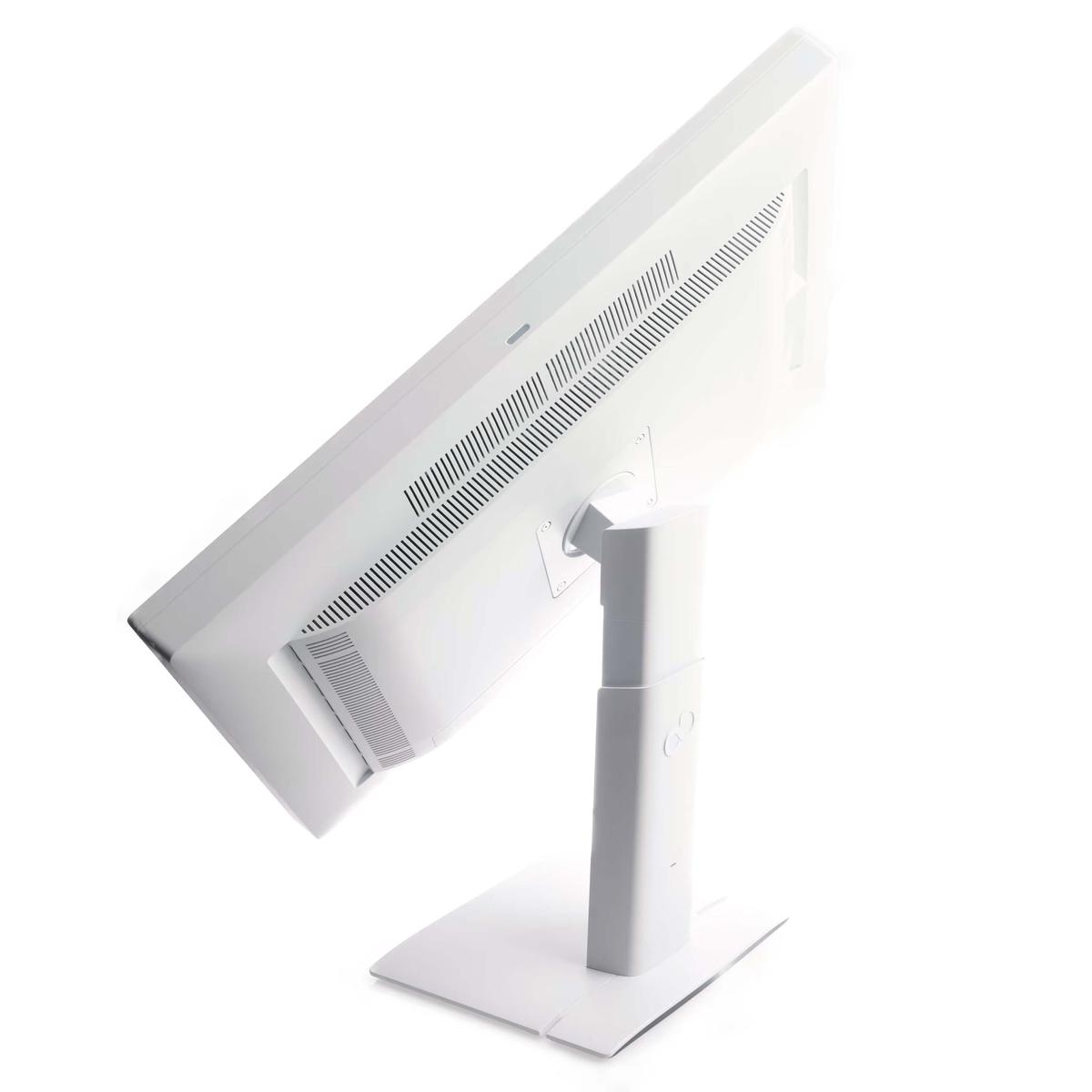 Monitor per computer bianco su supporto bianco, angolato a sinistra.