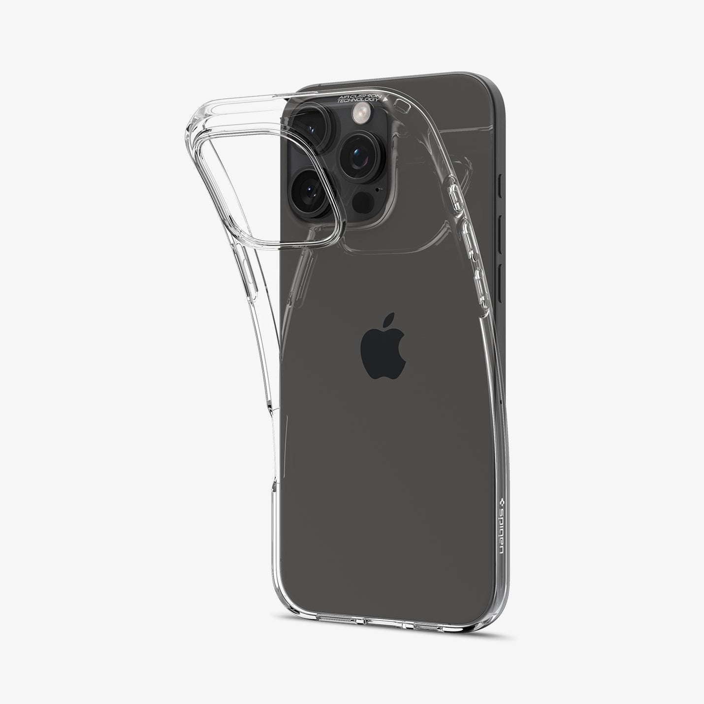 iPhone w przezroczystym etui. Widoczny tył telefonu z aparatem i logo Apple.