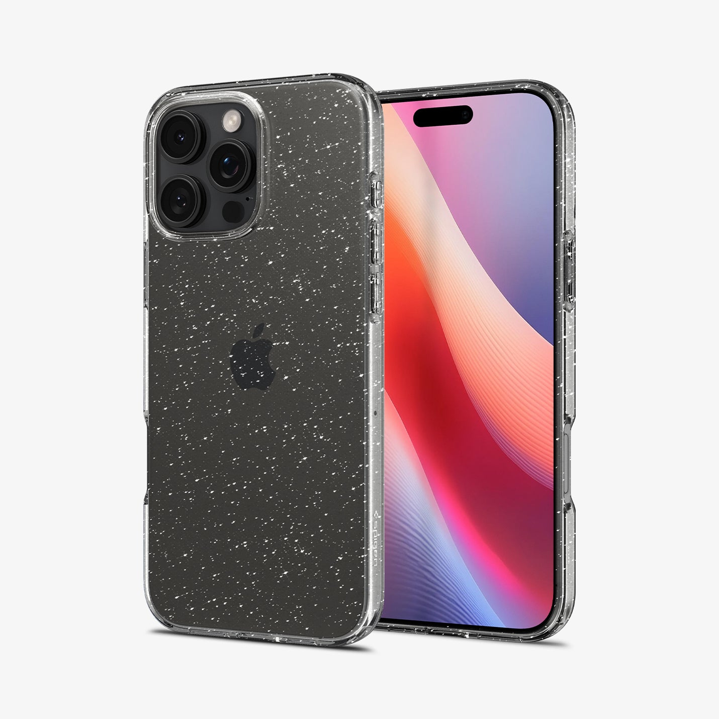 Un iPhone in una custodia trasparente con macchie bianche è mostrato ad angolo, mostrando la fotocamera e lo schermo del telefono.