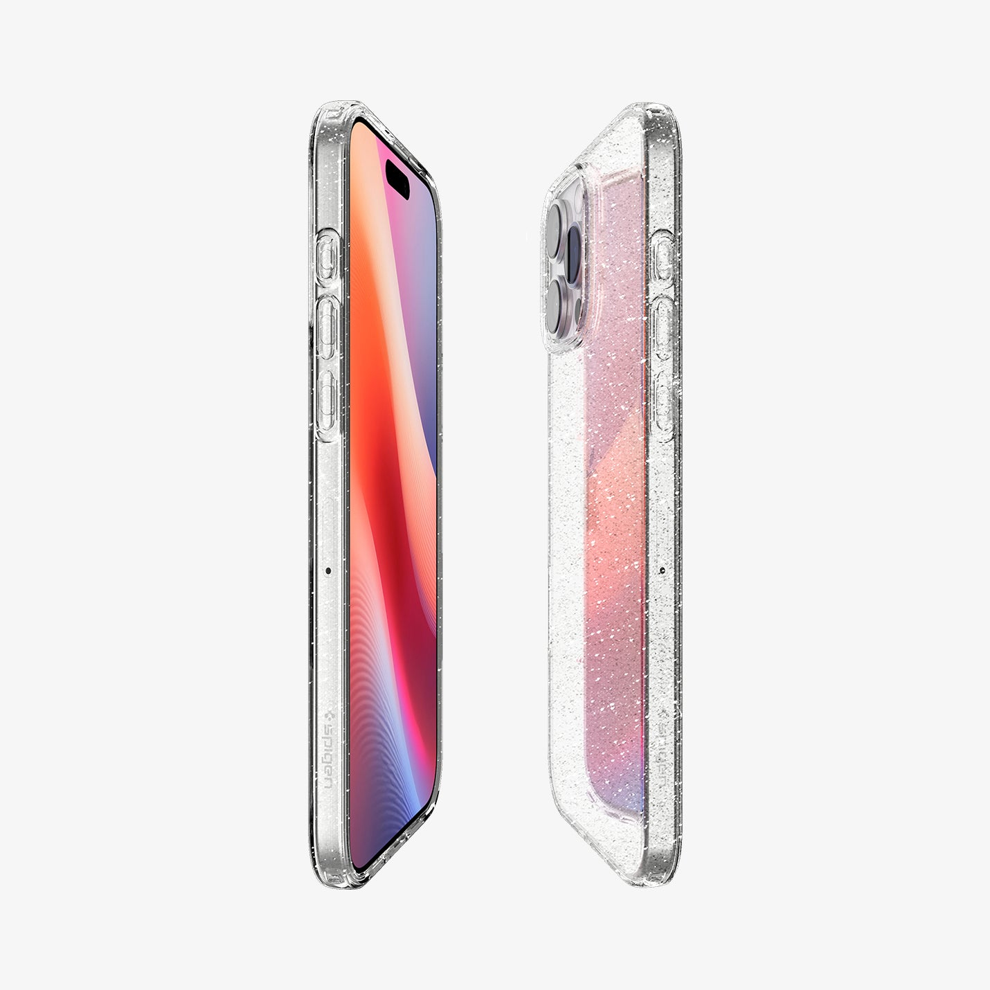 Due telefoni con custodie trasparenti. Le custodie hanno un design glitterato.