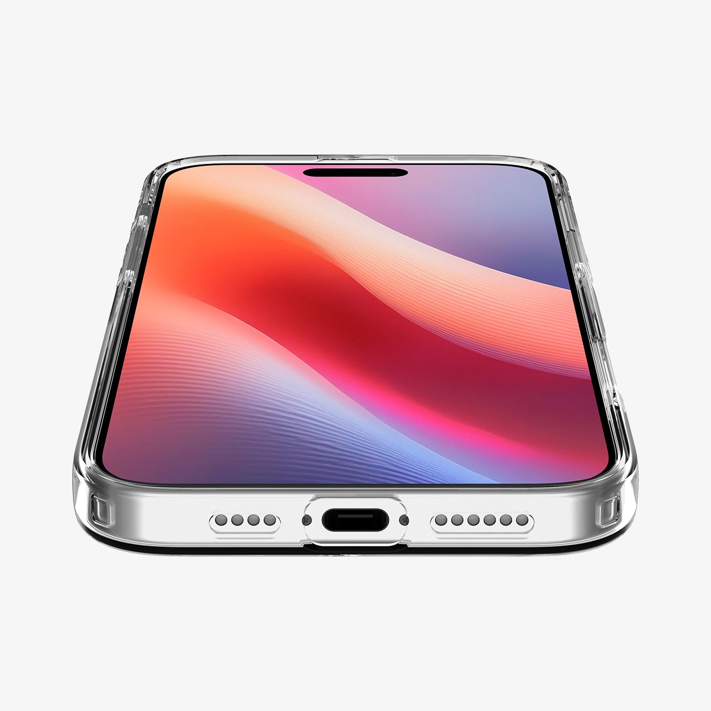Un primo piano di un iPhone in una custodia trasparente, angolato per mostrare lo schermo. Lo schermo mostra una sfumatura colorata.