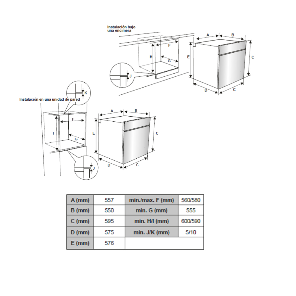 Diagrama que muestra las dimensiones para instalar un horno empotrado. Incluye medidas y detalles.
