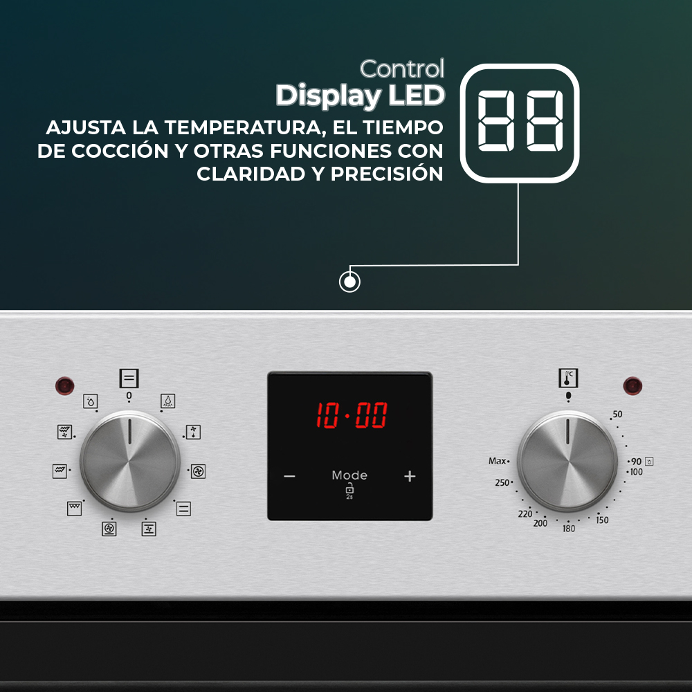 Primer plano del panel de control del horno. Muestra diales, pantalla digital y ajustes de temperatura.