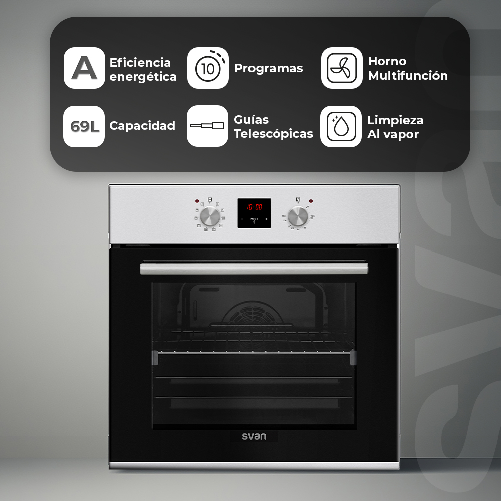 Un horno de acero inoxidable con una puerta negra. Arriba, un gráfico muestra las funciones del horno y el nombre de la marca.
