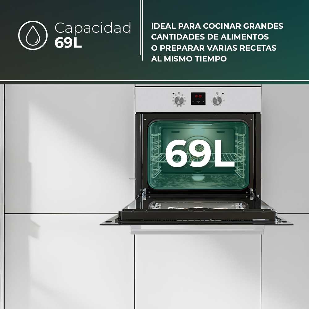 Un horno abierto con una capacidad de 69L. El interior del horno está iluminado, revelando rejillas.