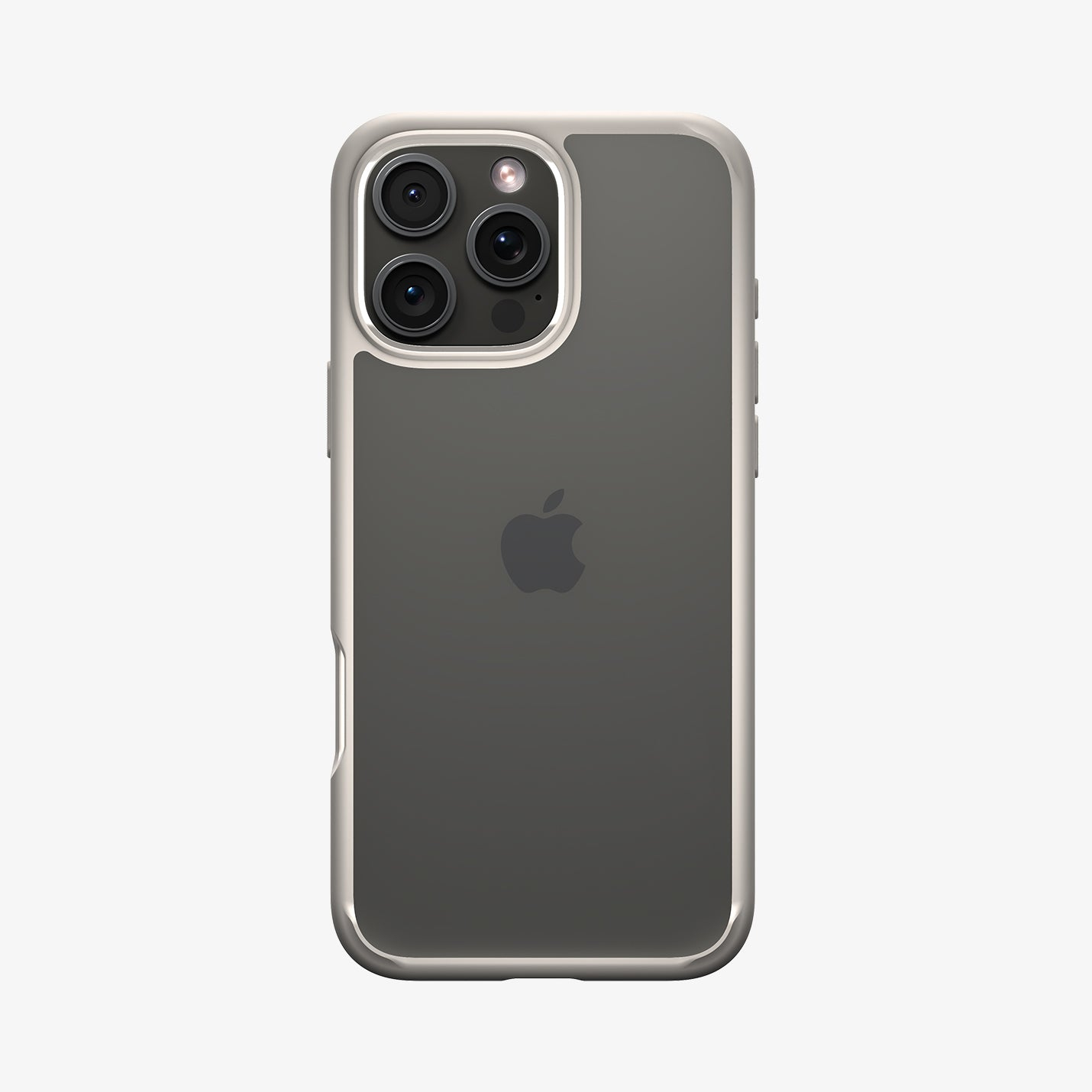 iPhone in una custodia trasparente con finiture argentate, che mostra il logo Apple su uno sfondo bianco.