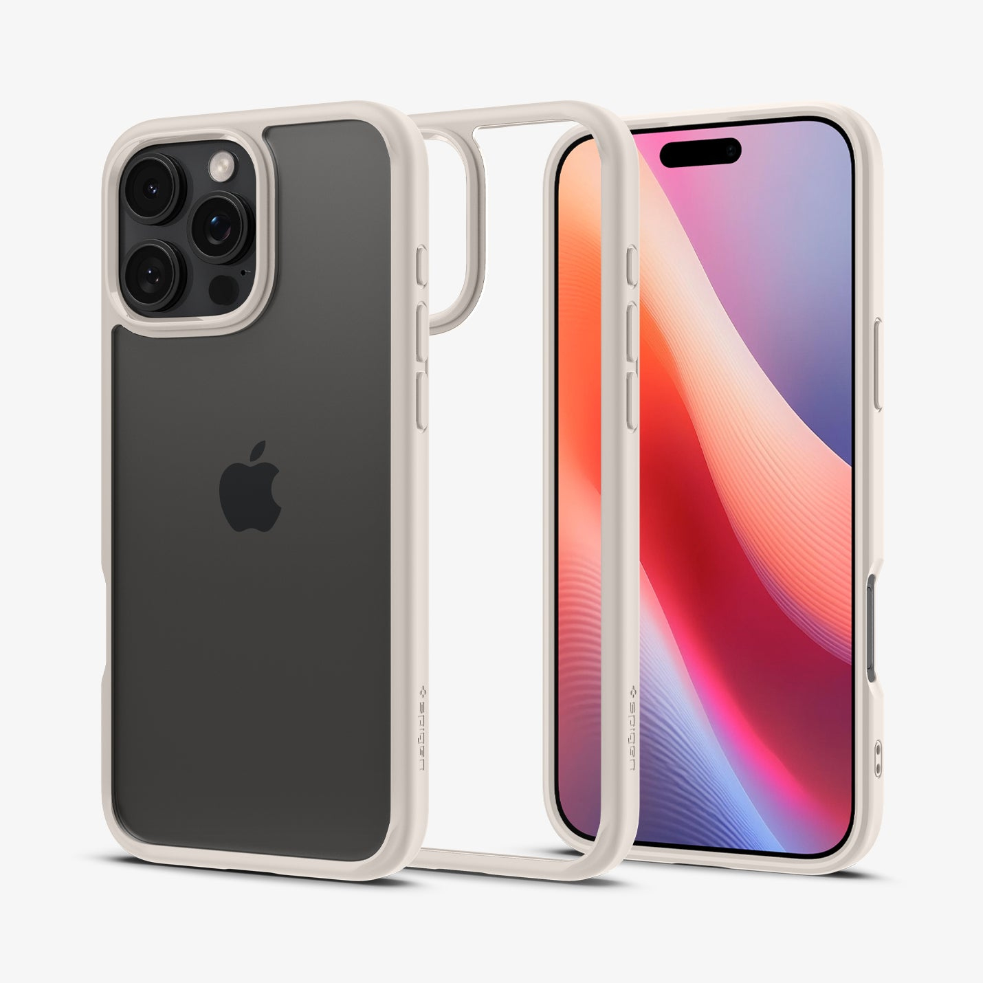 Una custodia con retro grigio e cornice trasparente accanto a un telefono con schermo colorato.