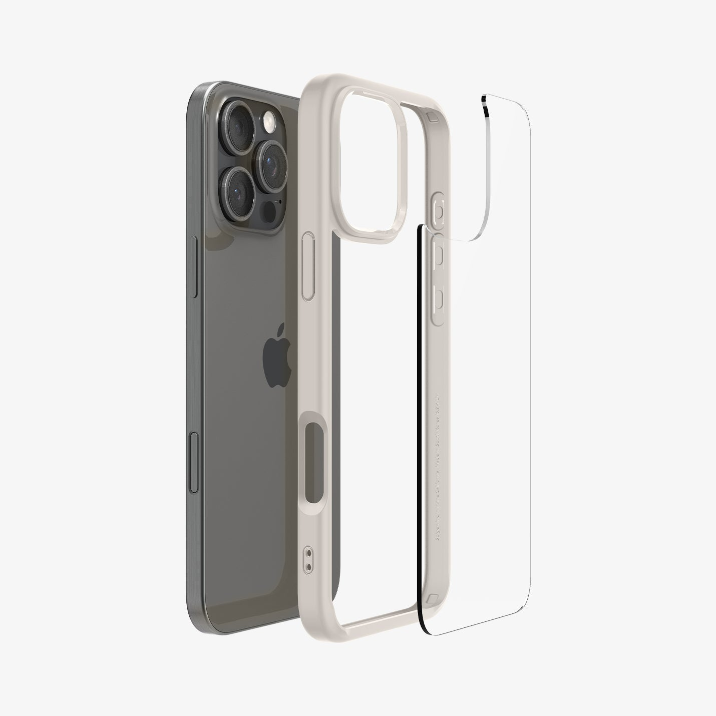 iPhone con una custodia beige smontata per mostrare i suoi strati su uno sfondo bianco.