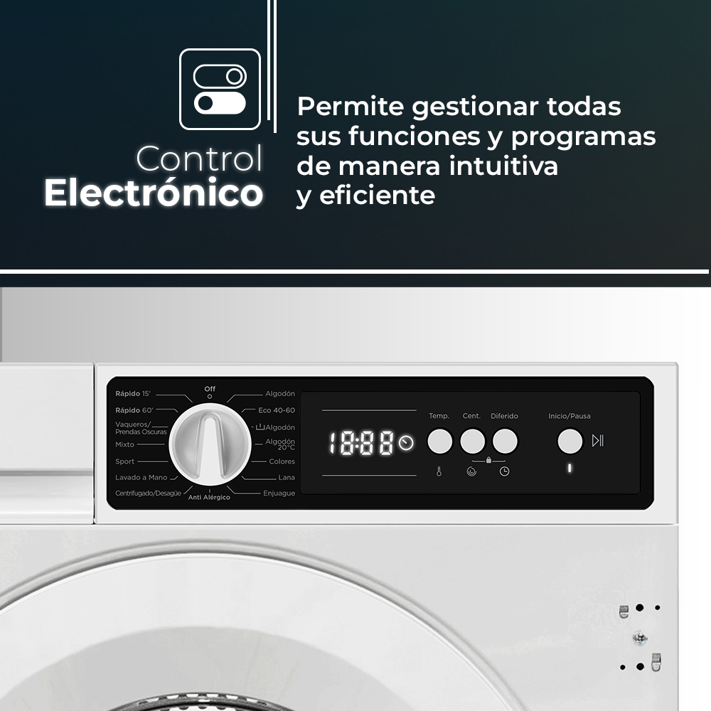 Primer plano del panel de control de una lavadora blanca con controles electrónicos, que muestra varias configuraciones de lavado.