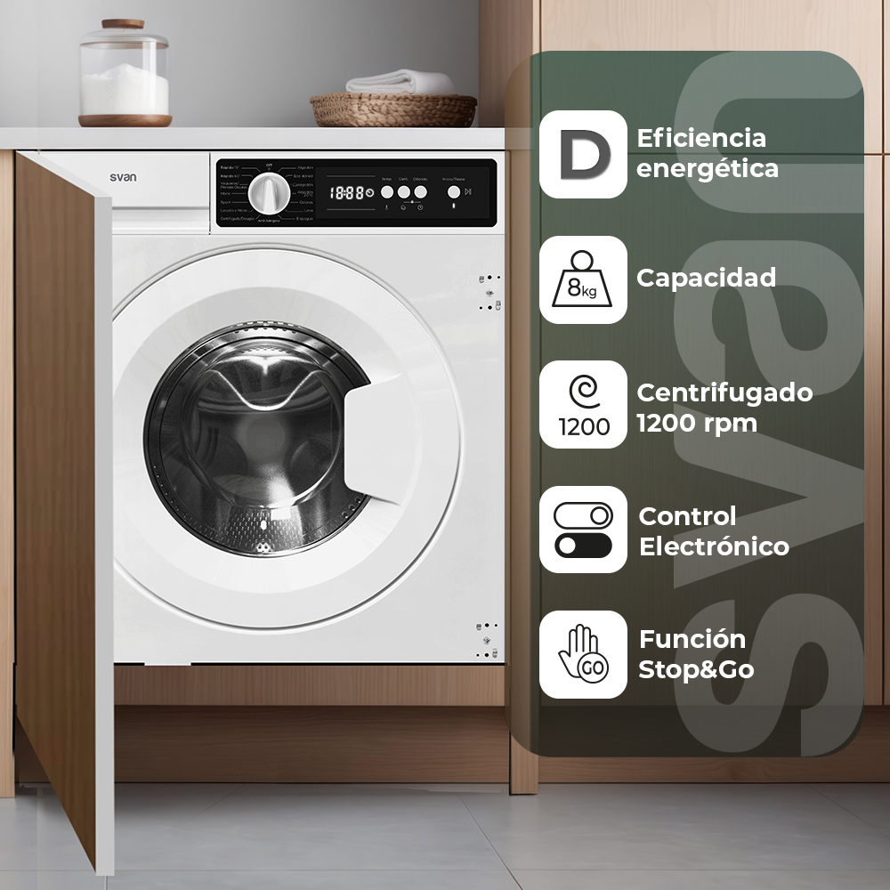 Una lavadora blanca Svan se alza contra un mueble de madera, mostrando eficiencia energética y función Stop&Go.