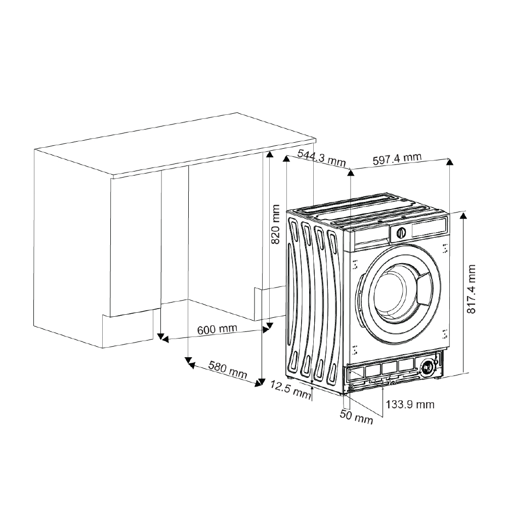 Un dibujo técnico muestra las dimensiones de una lavadora, incluidas las medidas de altura, anchura y profundidad.