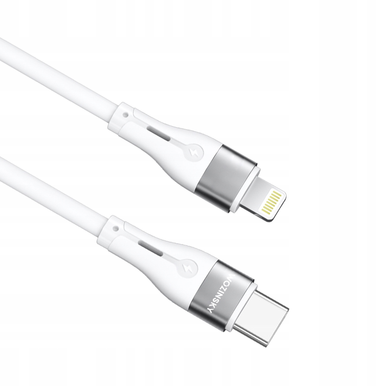 Biały kabel USB-C do Lightning ze srebrnymi złączami jest zwinięty, podkreślając jego długość i elastyczność podczas ładowania urządzeń.