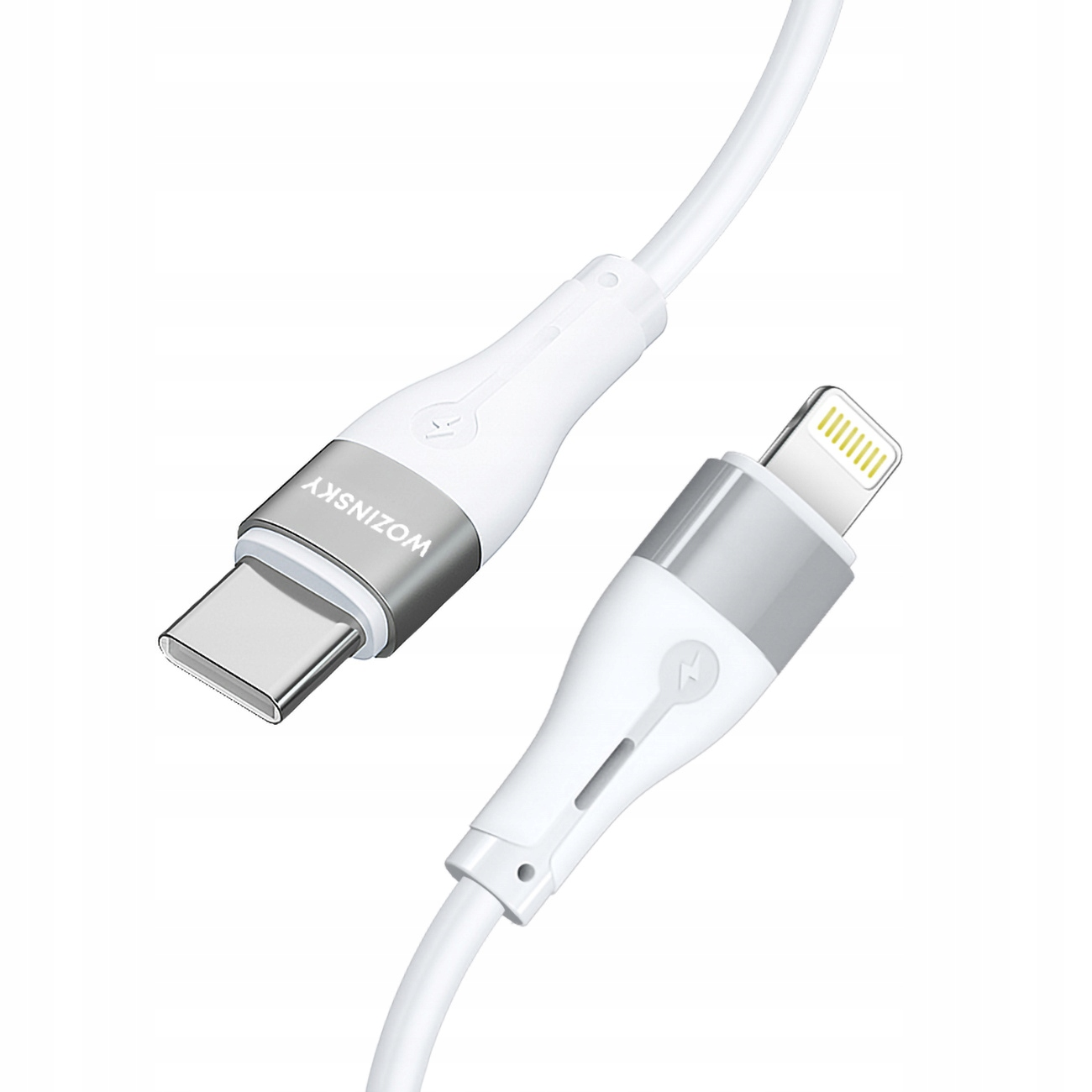 Biały kabel USB-C do Lightning ze srebrnymi akcentami, odizolowany na białym tle, prezentujący swoje złącza.