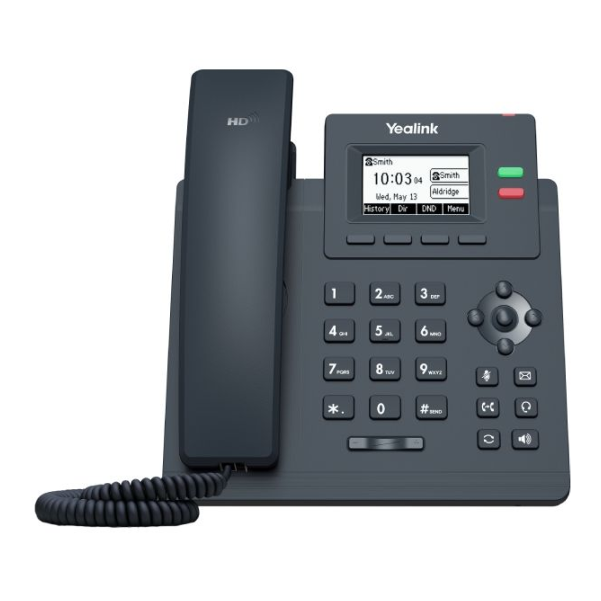 Un telefono IP Yealink grigio scuro con display, pulsanti e cornetta.