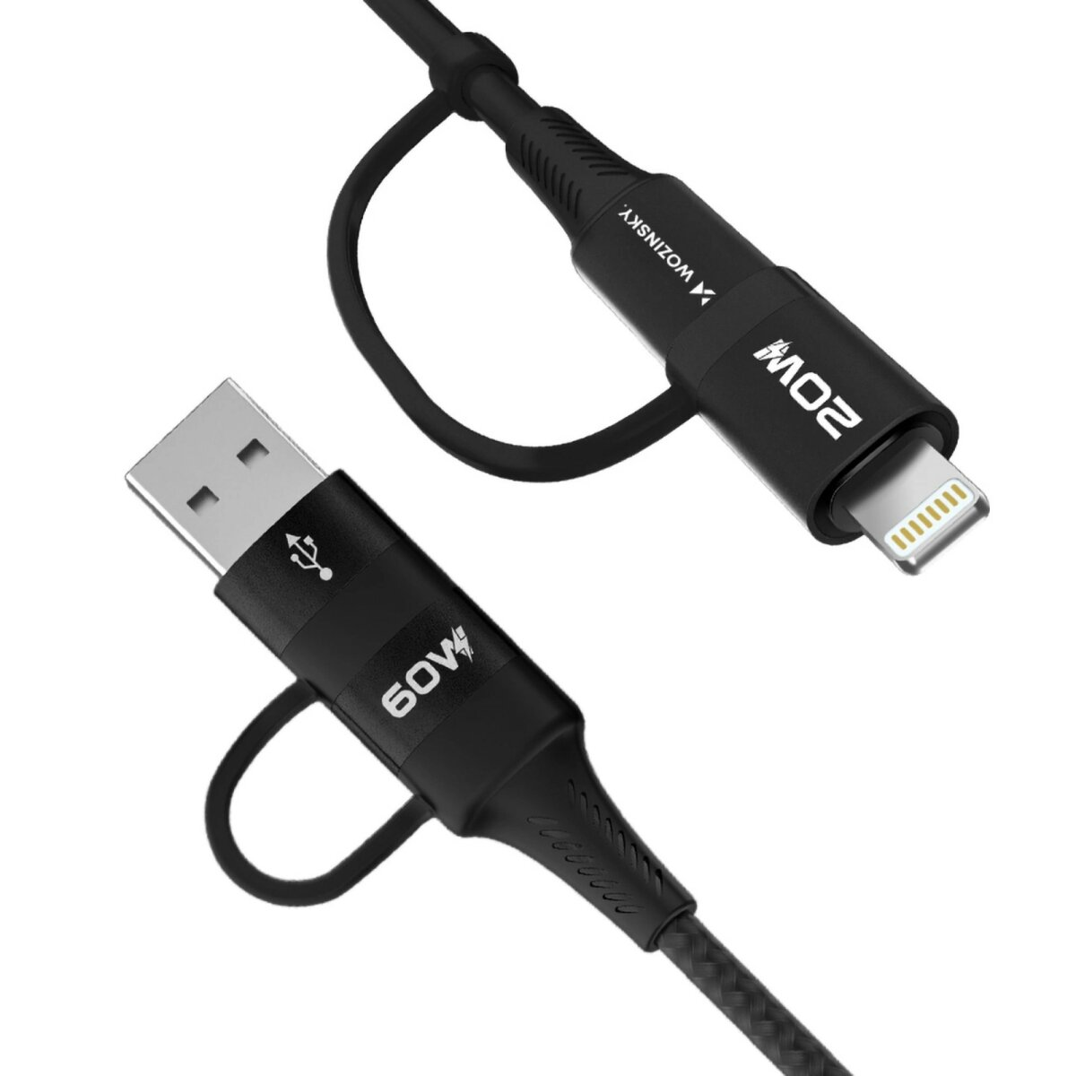 Dwa czarne kable do ładowania USB z wtyczką USB i Lightning.