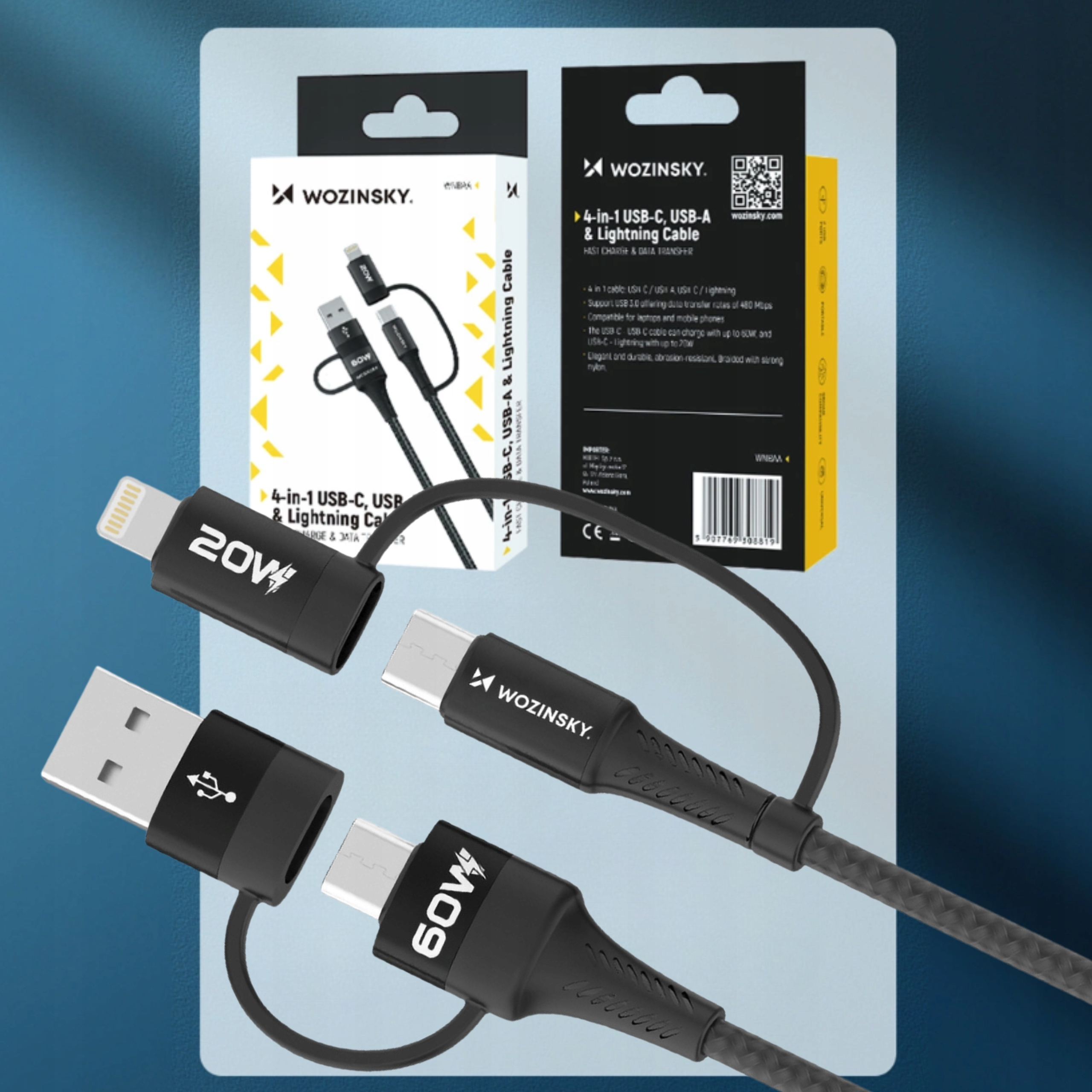 Dwa czarne kable do ładowania USB. Opakowanie w tle.