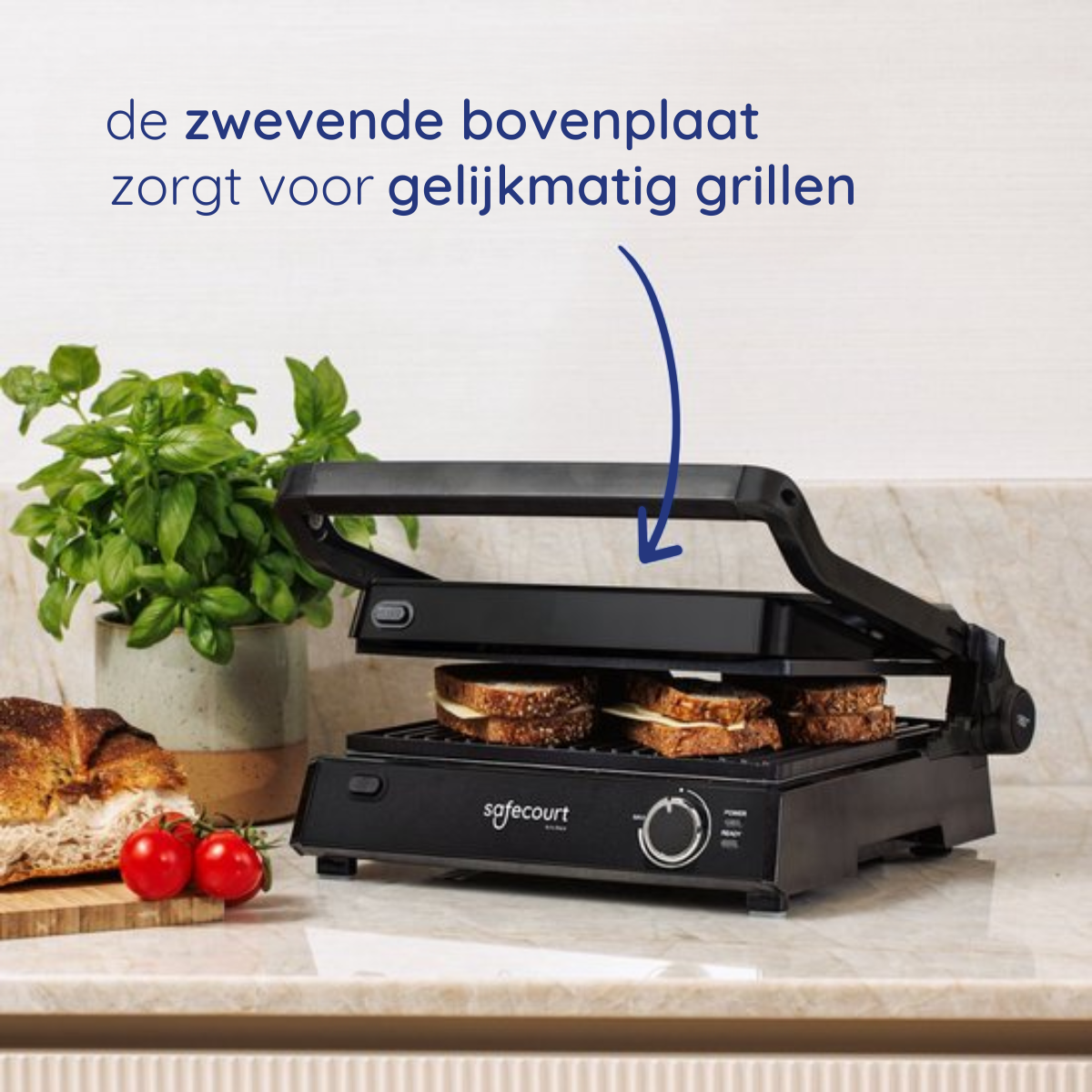 A black grill with sandwiches is shown. The top plate is open. Other food items are visible in the frame.