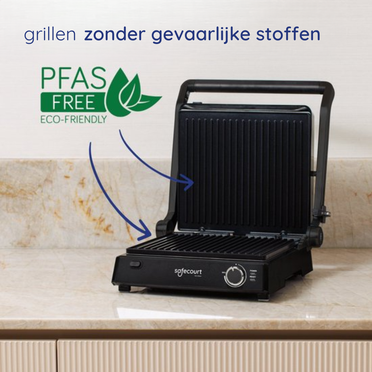 A black grill with text about being PFAS free is shown. The grill is on a countertop. Eco-friendly label.