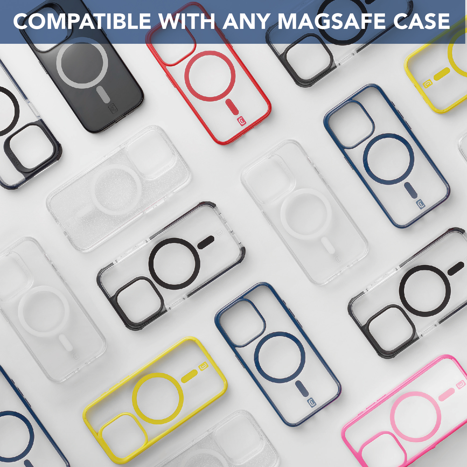 Sono visualizzate varie custodie per telefoni. Hanno diversi colori, design e cerchi MagSafe. Per lo più custodie trasparenti.