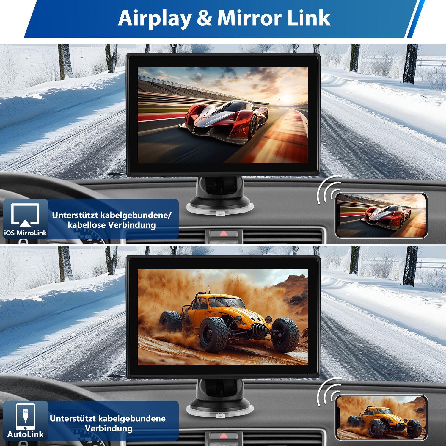 Auto-Infotainment-Bildschirm mit Airplay- und Mirror-Link-Funktion, mit Rennwagenbildern.