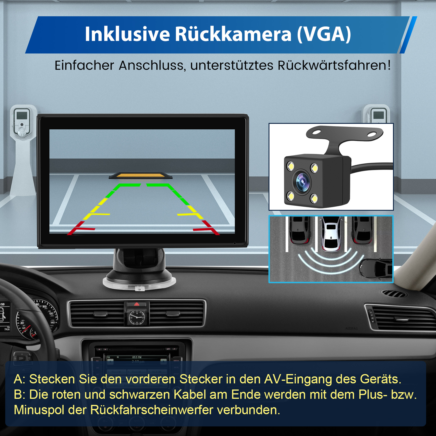 Armaturenbrett mit Display, das eine Rückfahrkameraview mit Parklinien und Anweisungen zeigt.