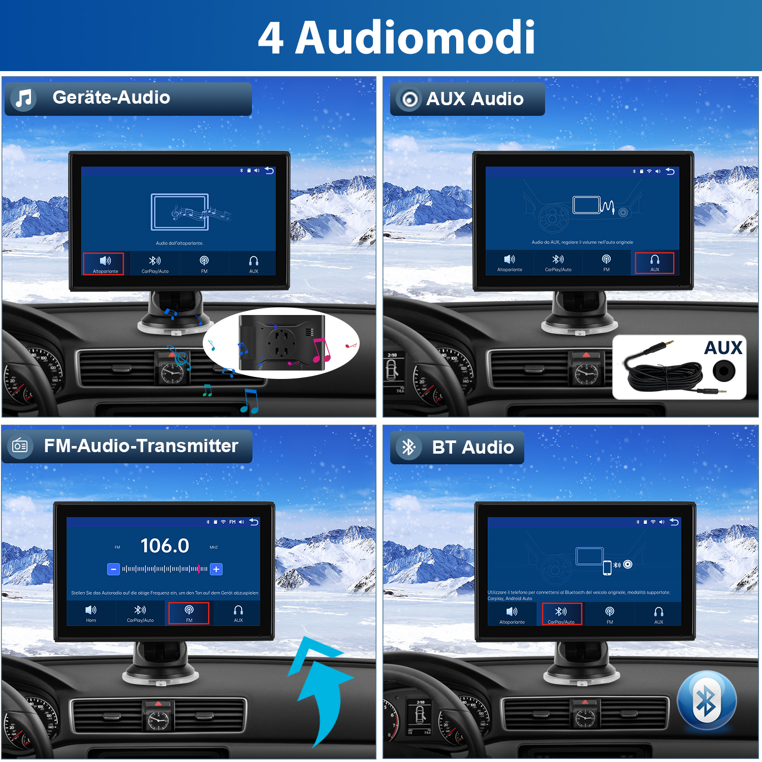 Vier Bildschirme mit verschiedenen Auto-Infotainment-Anzeigen mit verschiedenen Oberflächen.