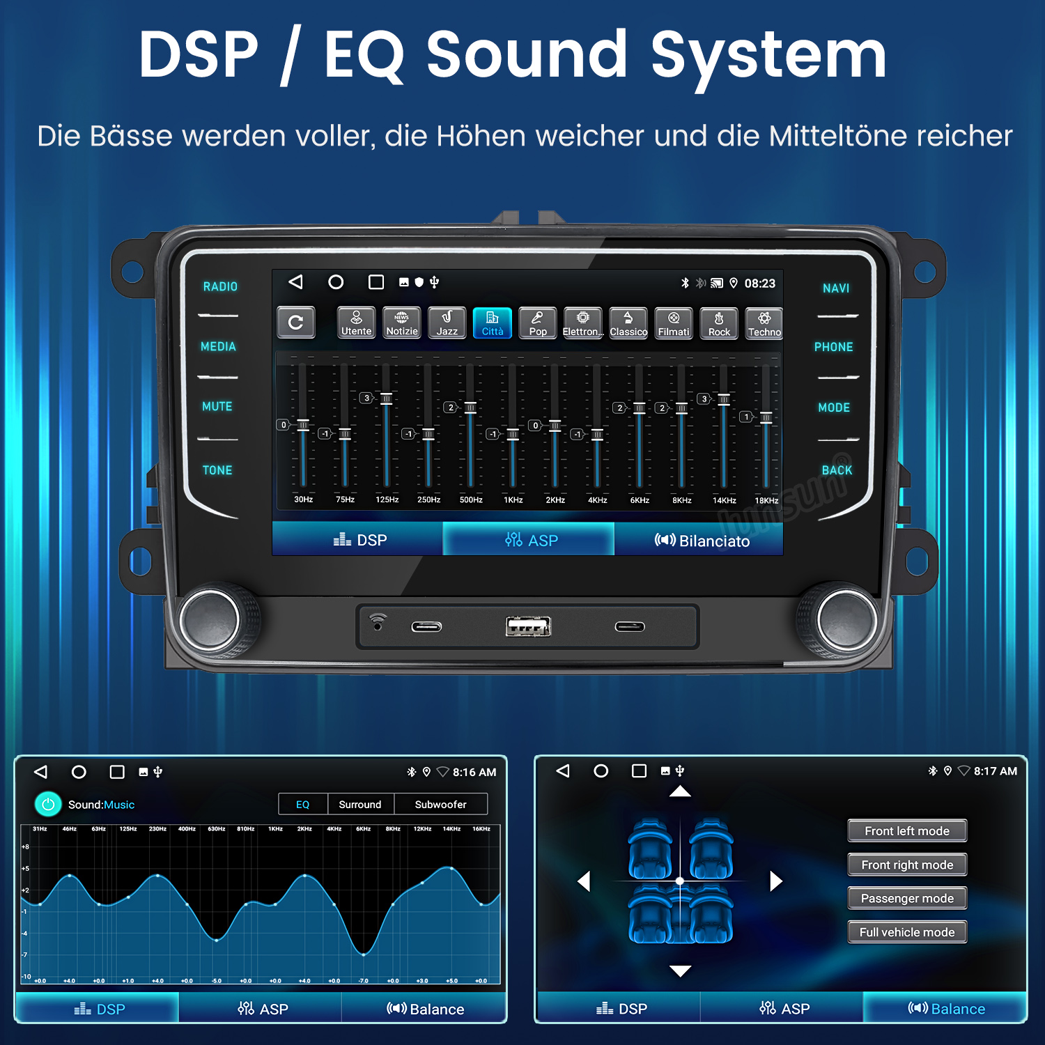 Radio samochodowe z ustawieniami EQ. Wyświetla różne opcje muzyczne i radiowe.