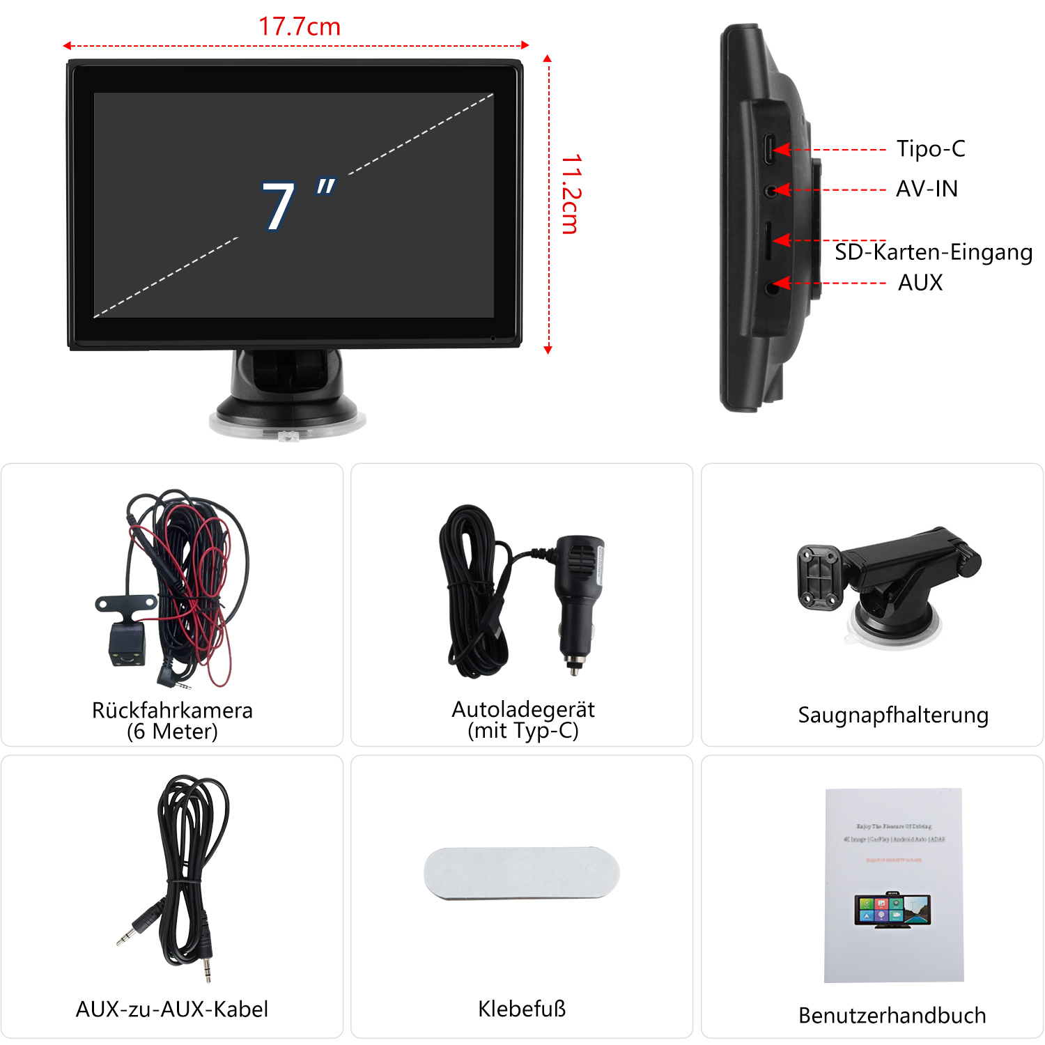 Auto-Infotainment-Bildschirm mit Abmessungen und Zubehör: Kabel, Halterung und mehr.
