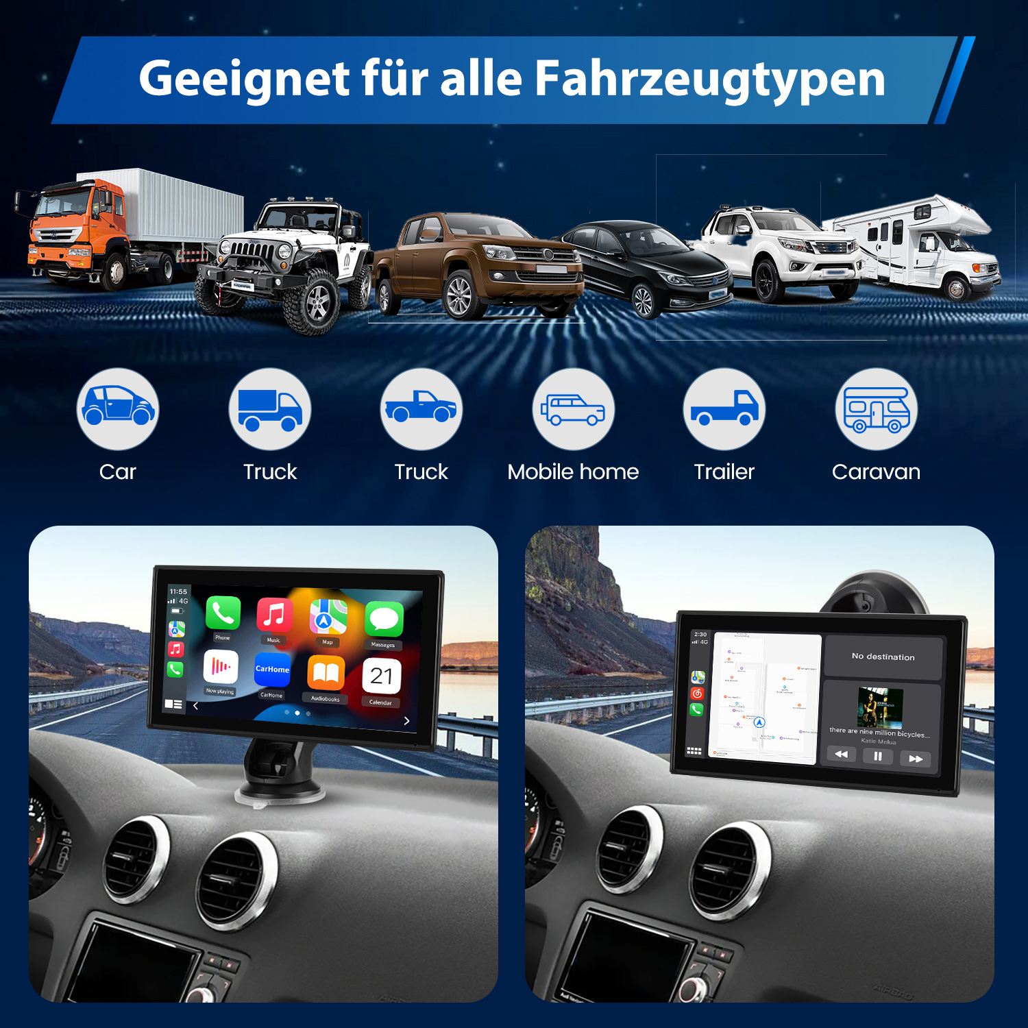 Verschiedene Auto-Multimedia-Systeme, die in verschiedenen Fahrzeugtypen installiert sind.