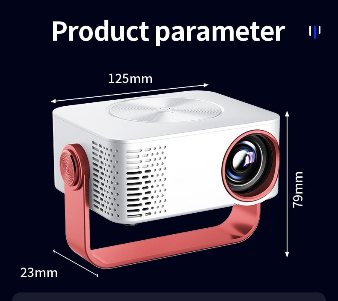 Ein weißer Projektor mit rotem Ständer, Abmessungen: 125 mm, 79 mm und 23 mm.